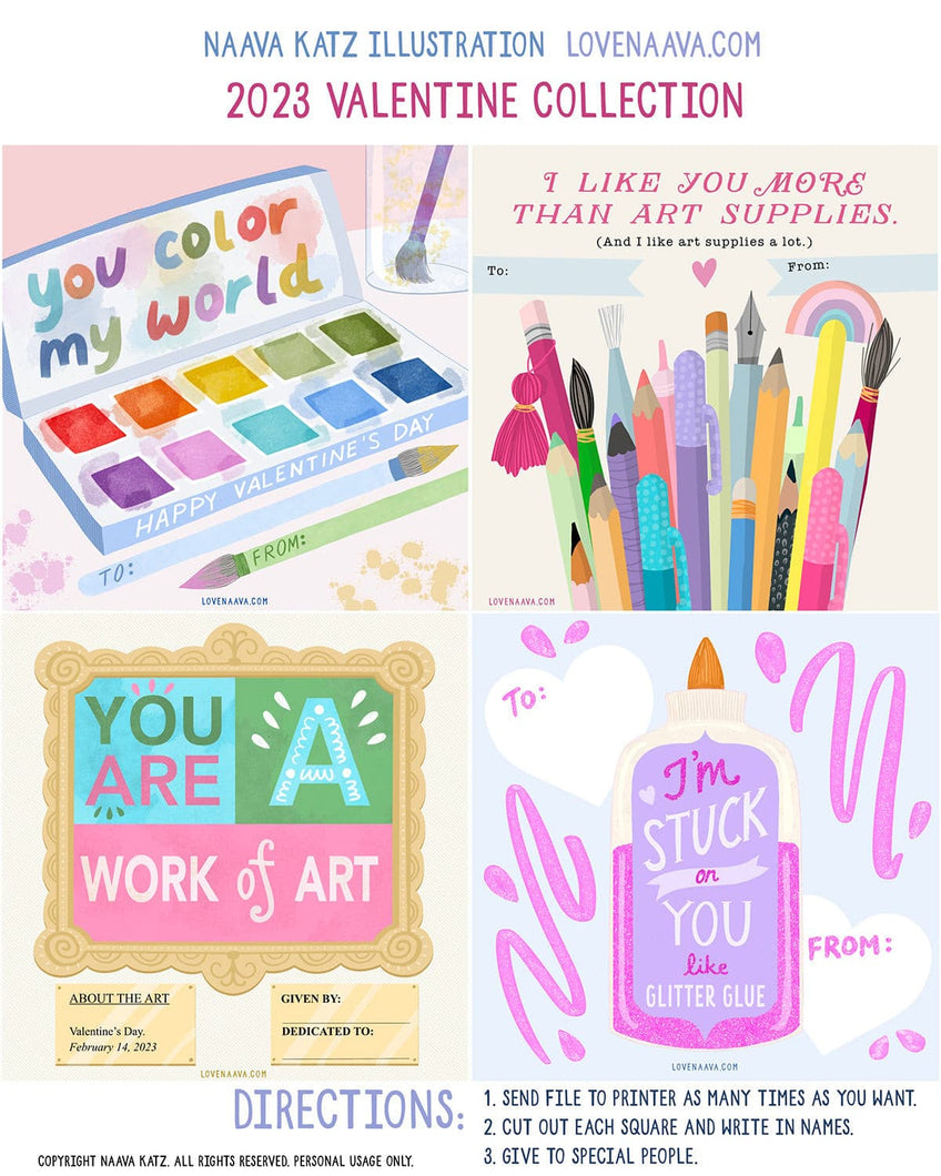Collection of 4 Valentine's Day Classroom Cards. Illustrated By Naava (Print at home)